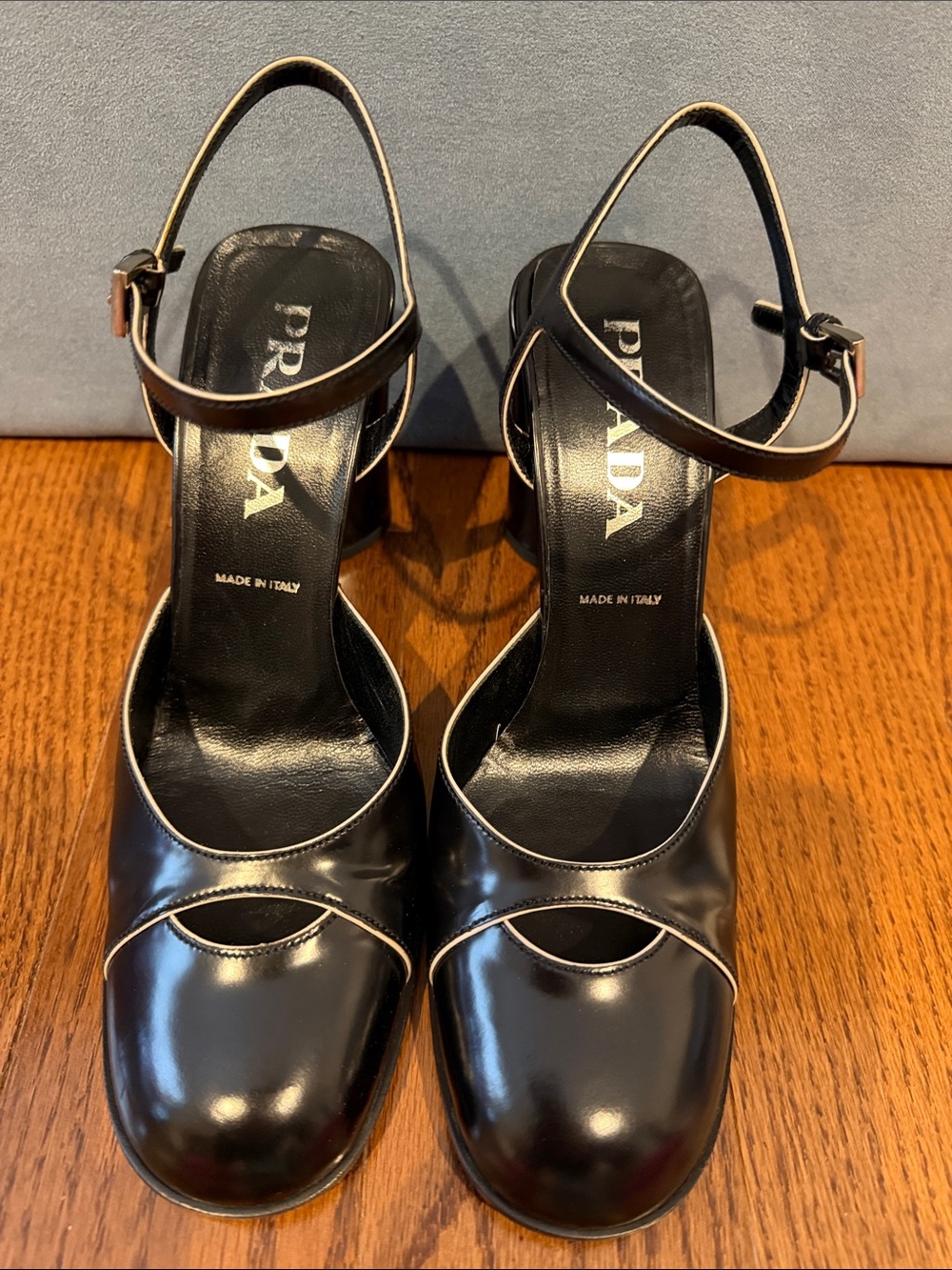 Prada Black Leather Ankle-Strap Pumps with Contrast Piping